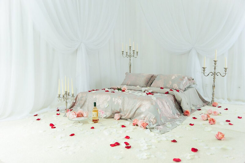 Bed with Rose Petals — White, Romantic