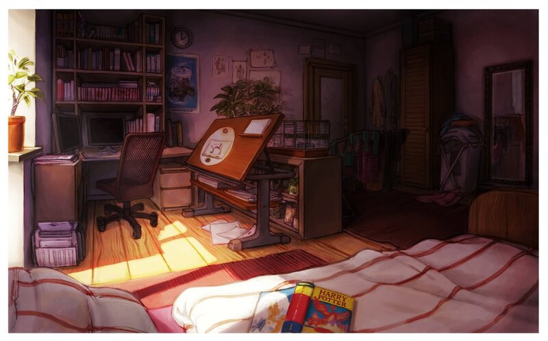 bedroom with desk and books