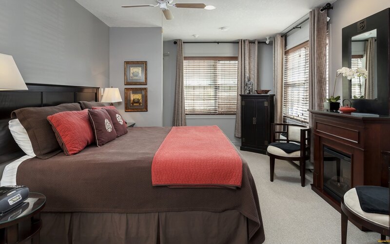 Bedroom with Fireplace — Brown, Calm