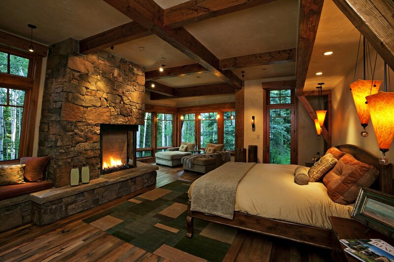 Bedroom with Fireplace — Brown