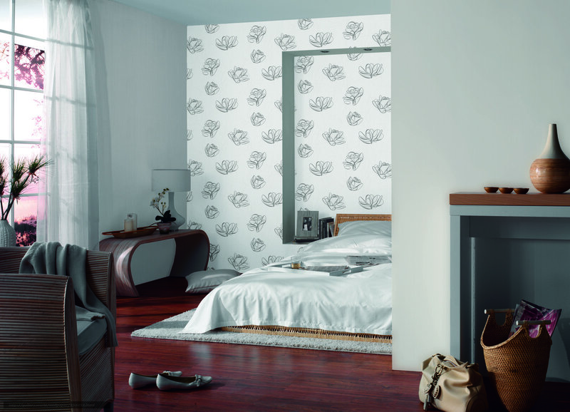 Bedroom with Floral Wallpaper — White