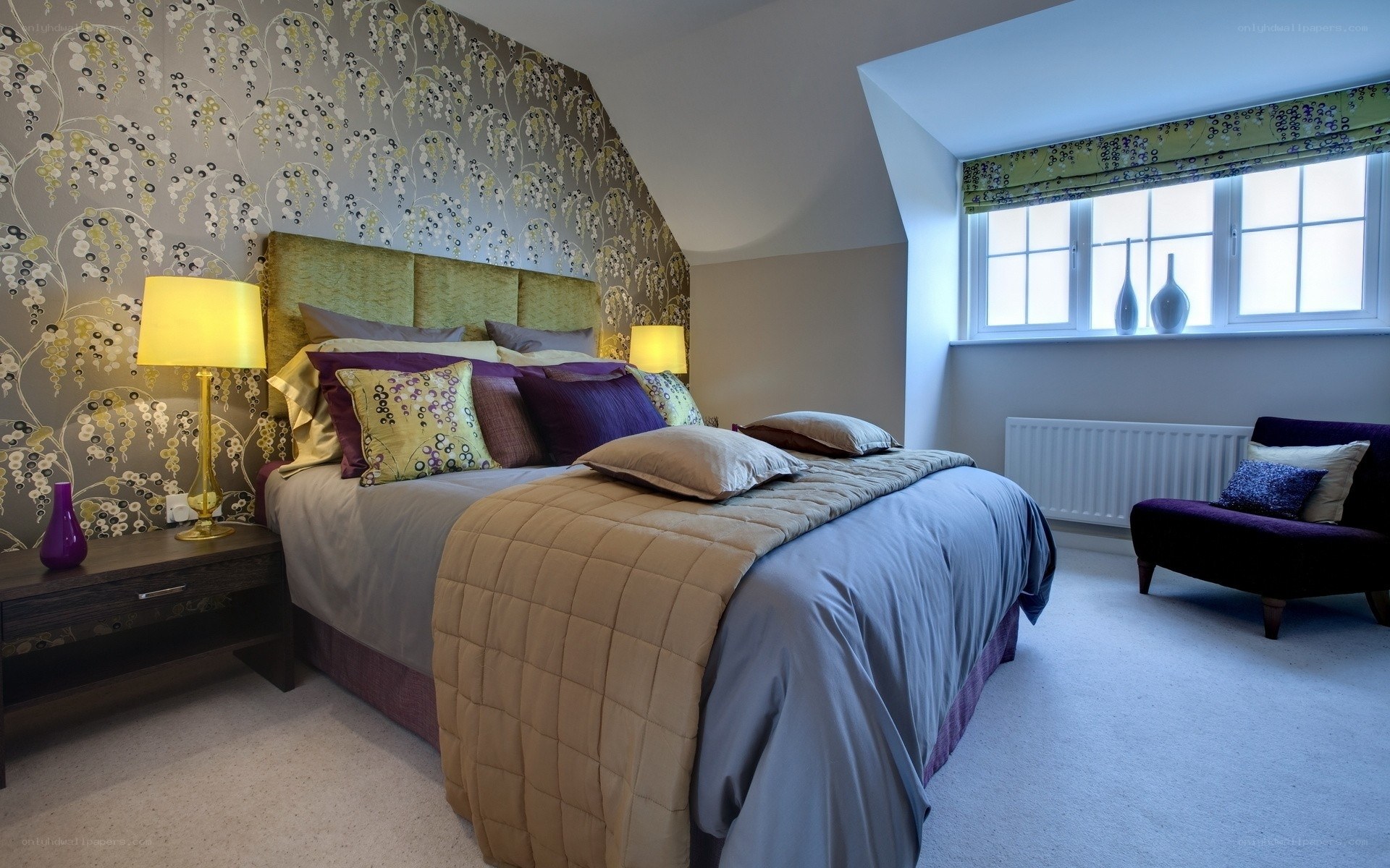 Bedroom with floral wallpaper