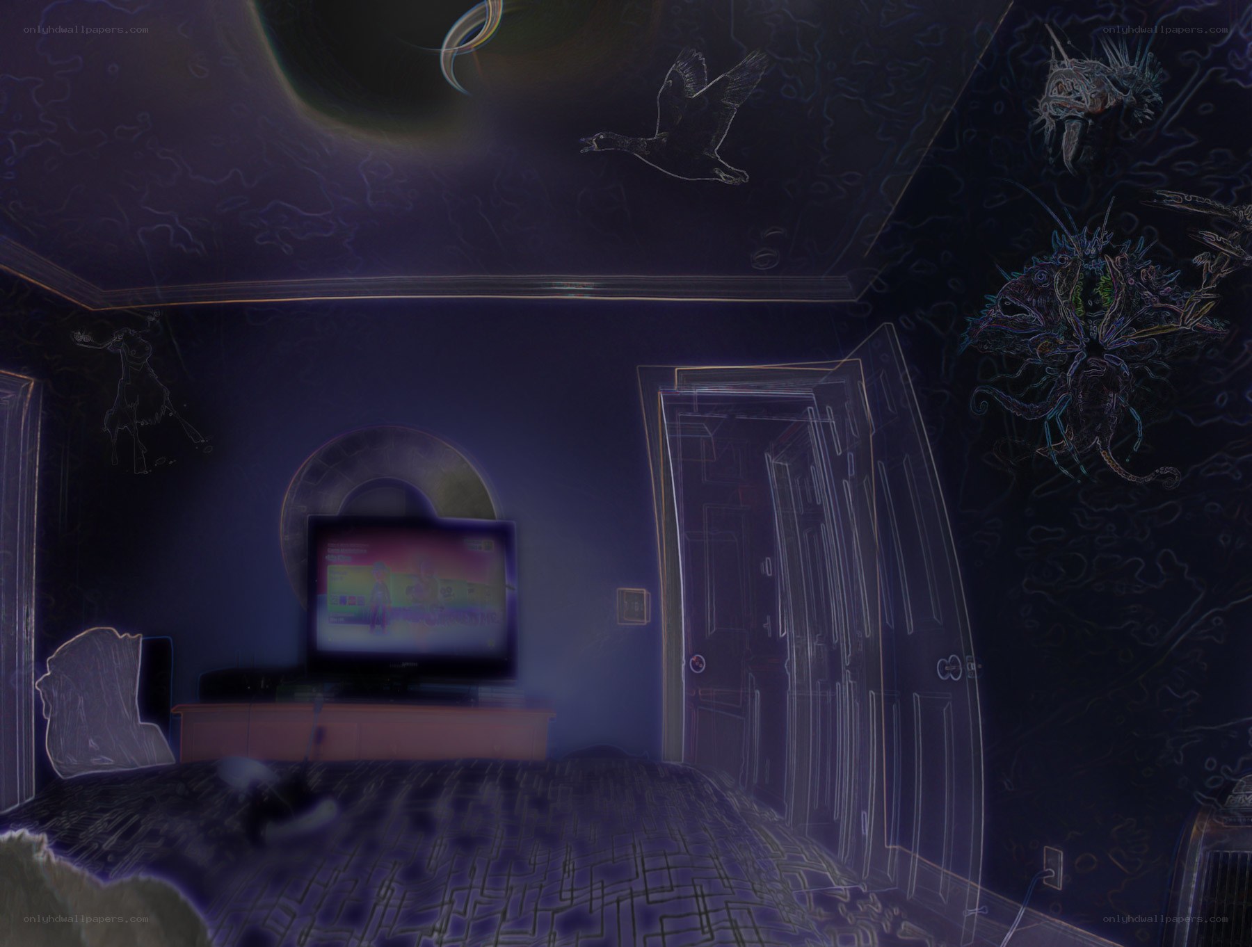 bedroom with glowing art
