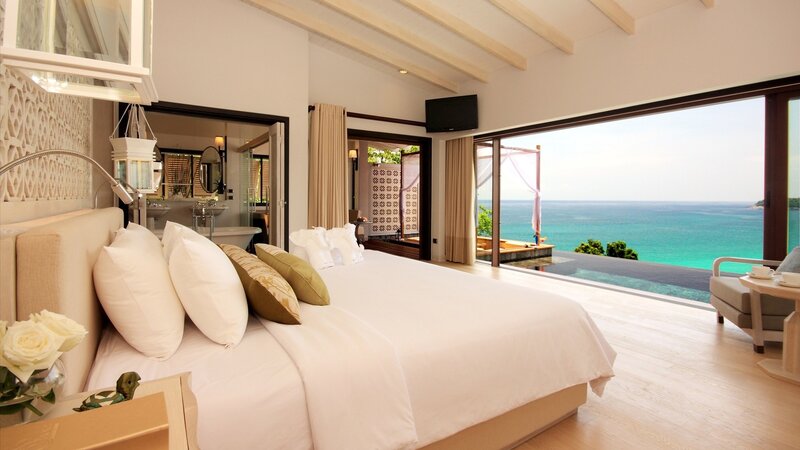 Bedroom with Ocean View — White, Serene, Afternoon, Photograph, Bed, Bathroom, Pool