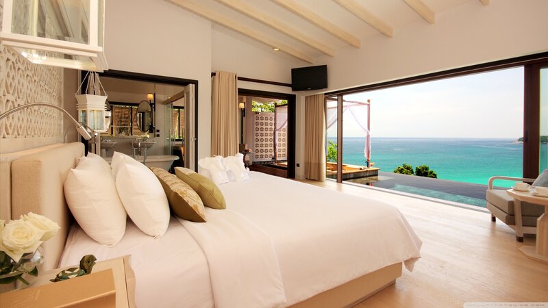 Bedroom with Ocean View — White, Serene, Afternoon, Photograph, Bed, Bathroom