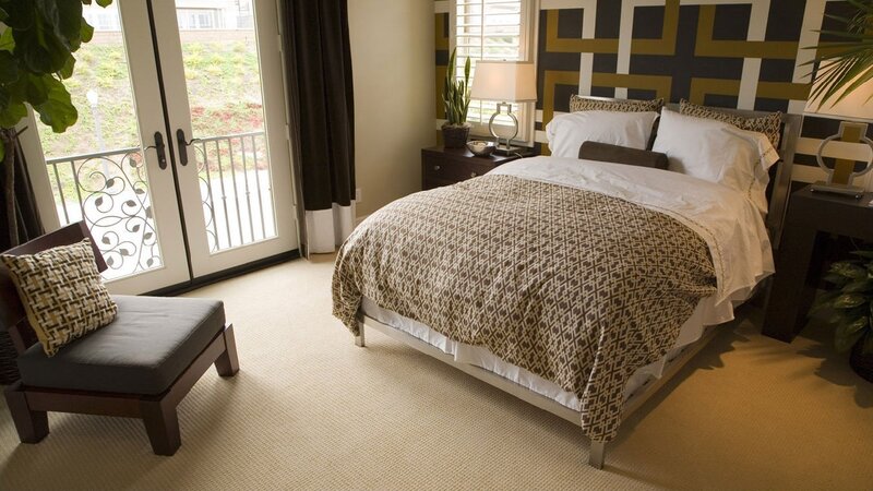 Bedroom with Patterned Bedding — Beige, Calm