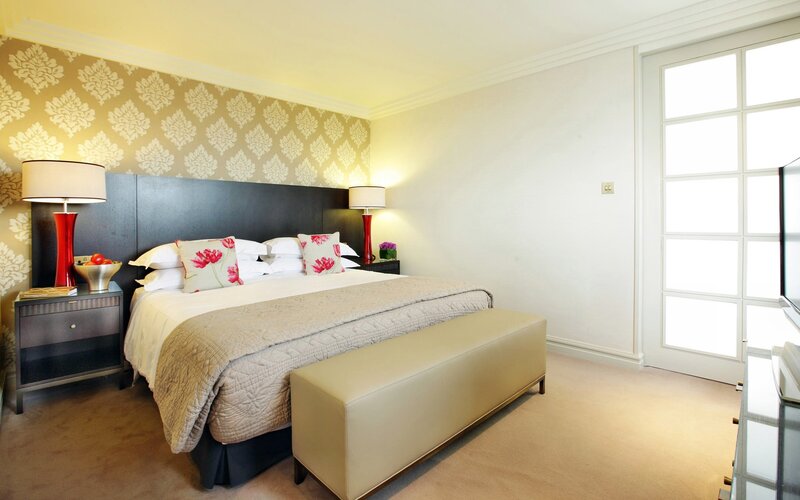 Bedroom with Patterned Wall — Beige, Calm