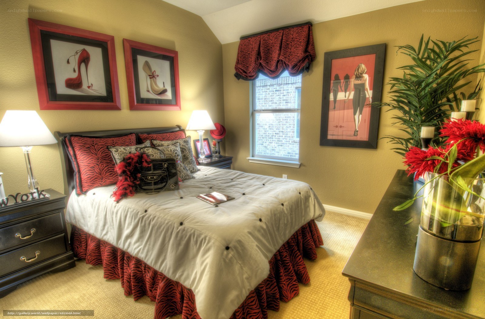 Bedroom with red and black decor