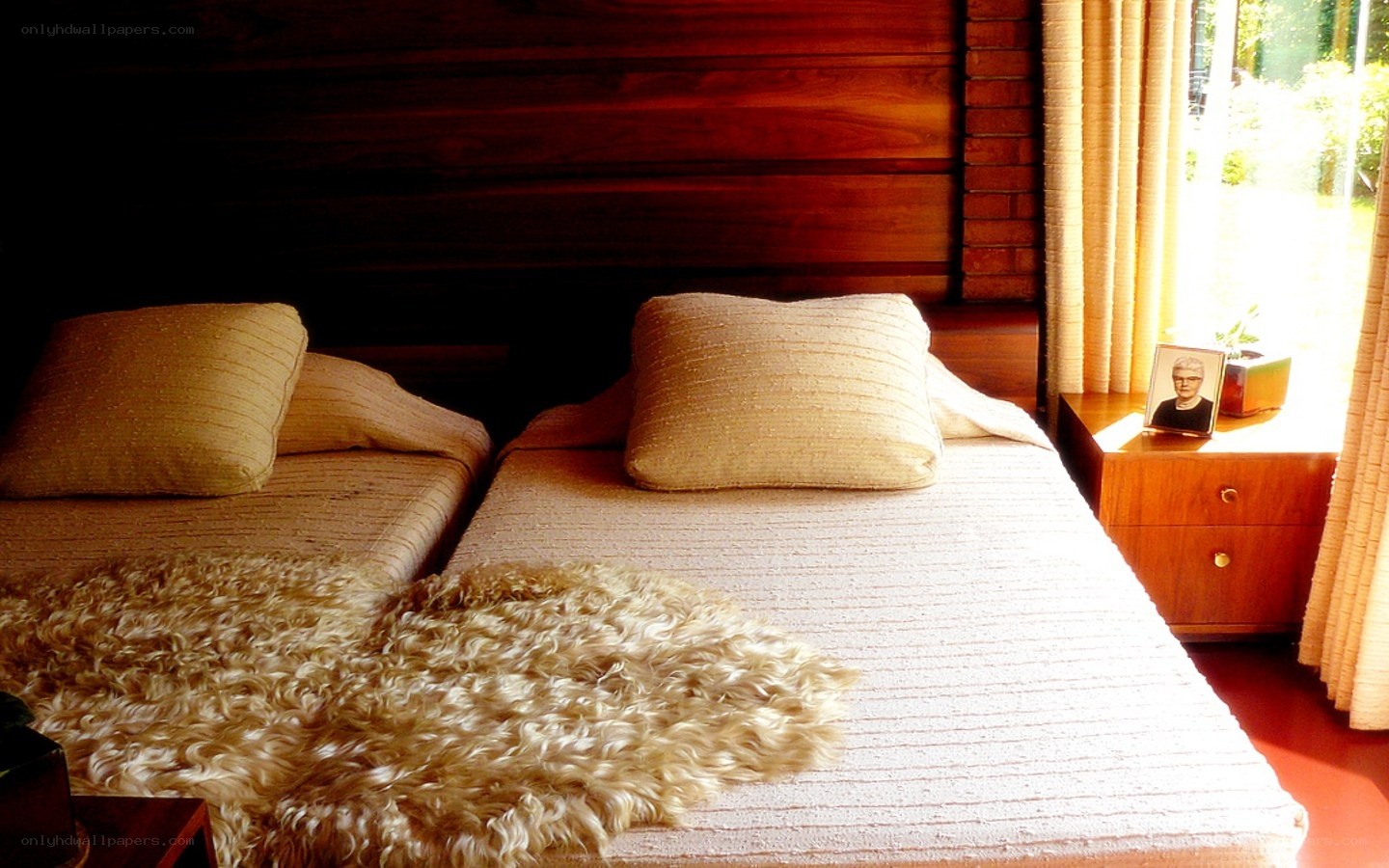 Bedroom with wooden headboard