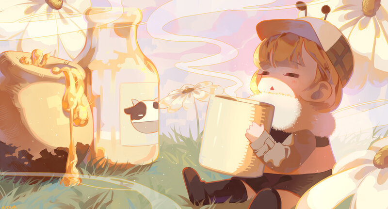 Bee Character Drinking Tea