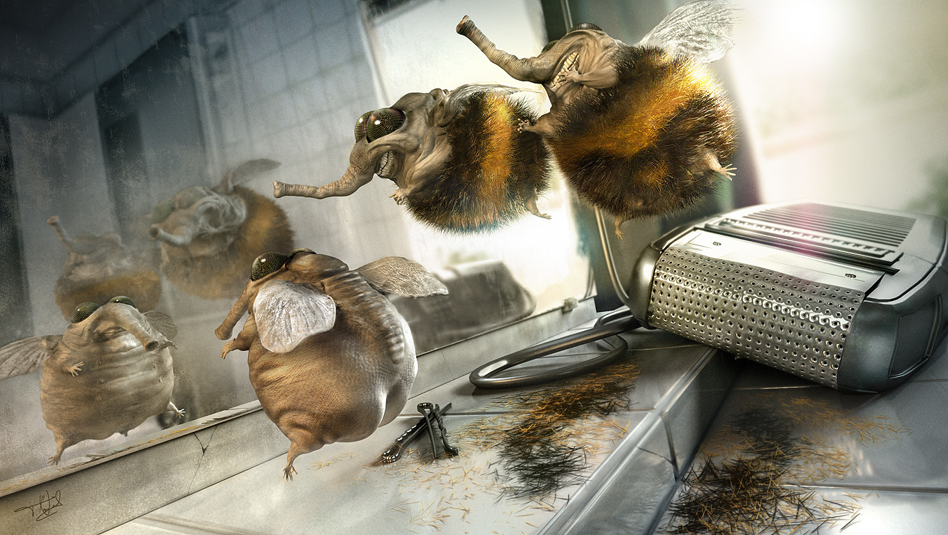 Bee-elephant creatures in a mirror