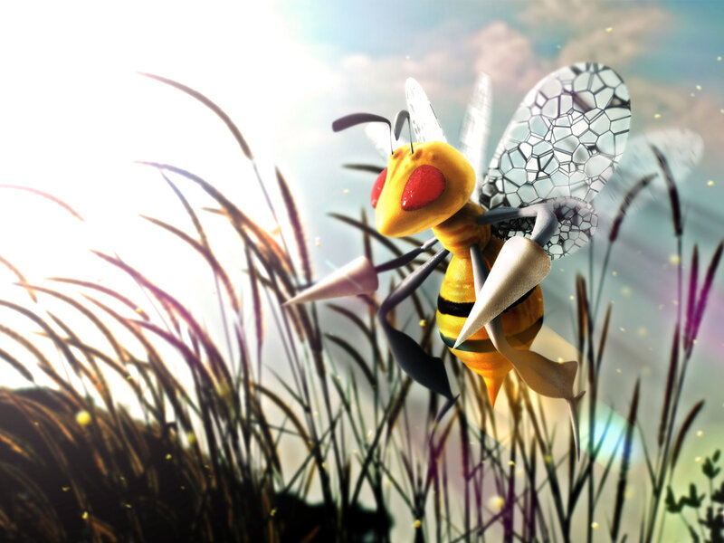bee flying in sunlit grass