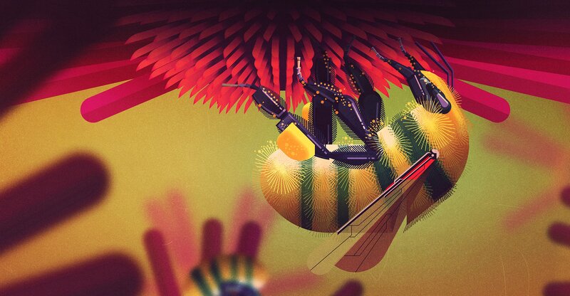 Bee on Flower — Red, Vibrant