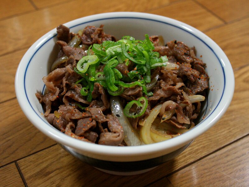 beef bowl with green onions