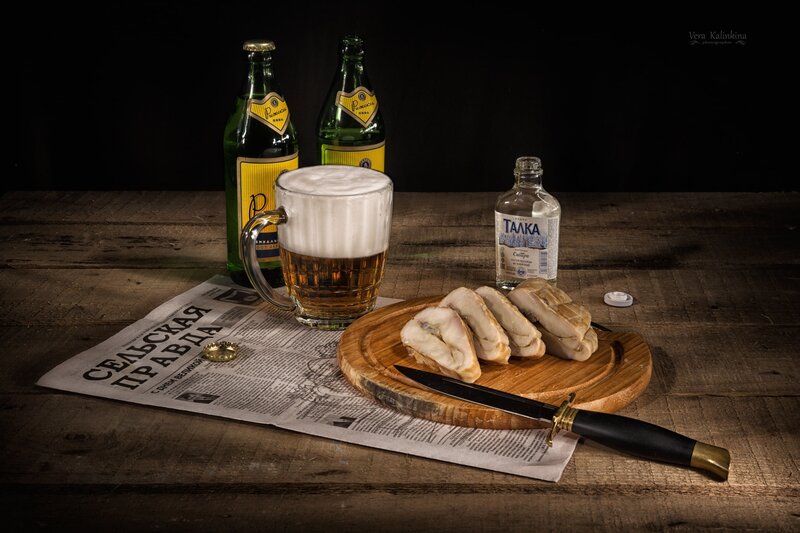 Beer and Fish on Wood