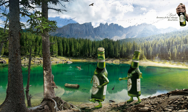 Beer bottles in nature scene
