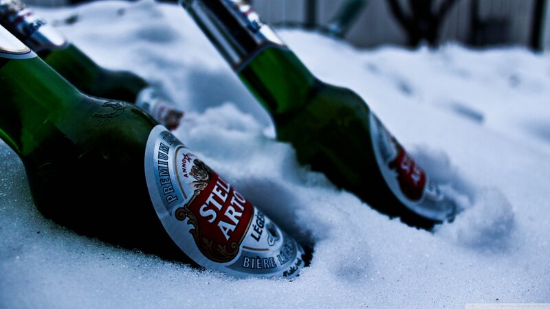 beer bottles in snow