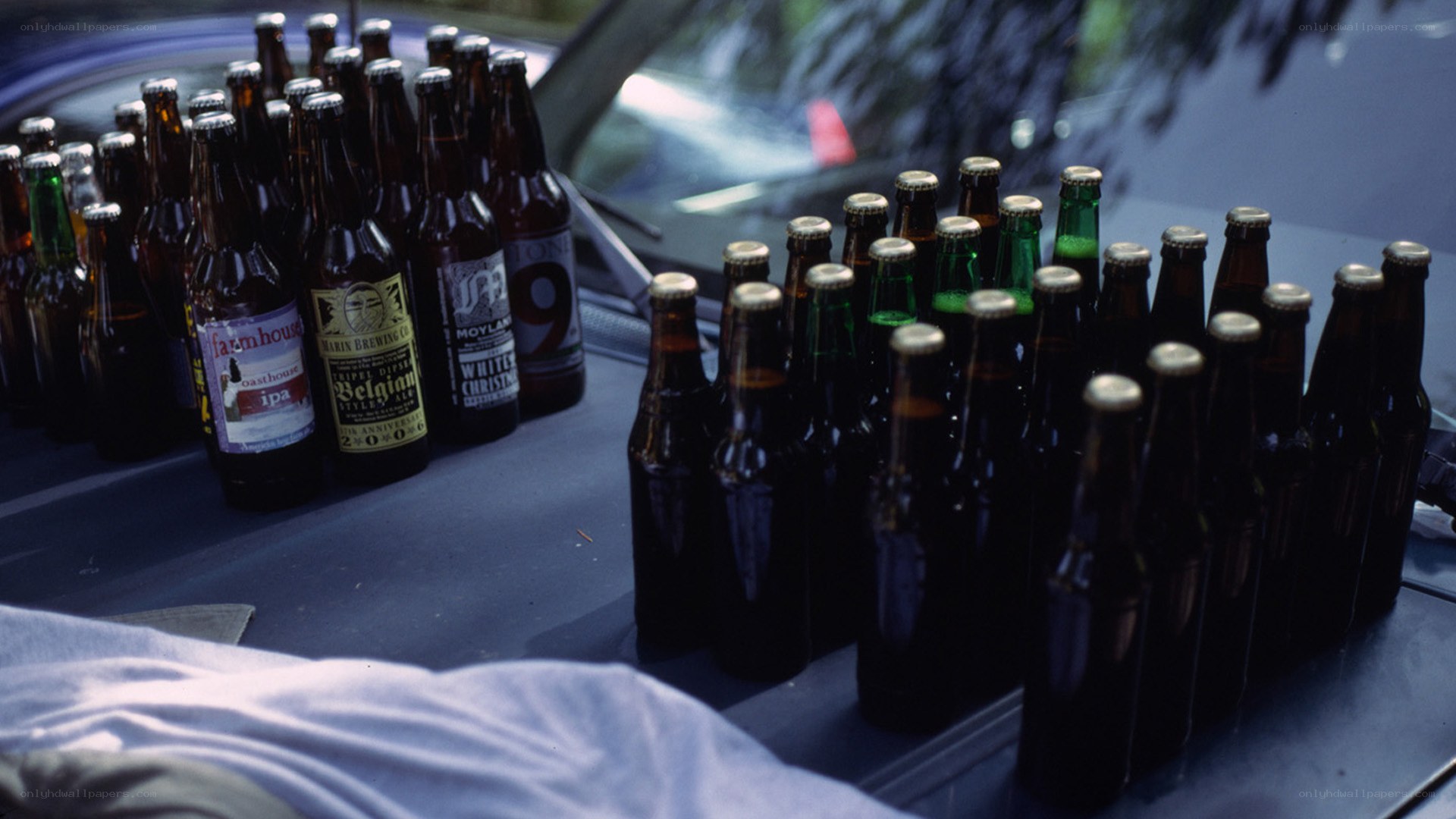 beer bottles on car trunk