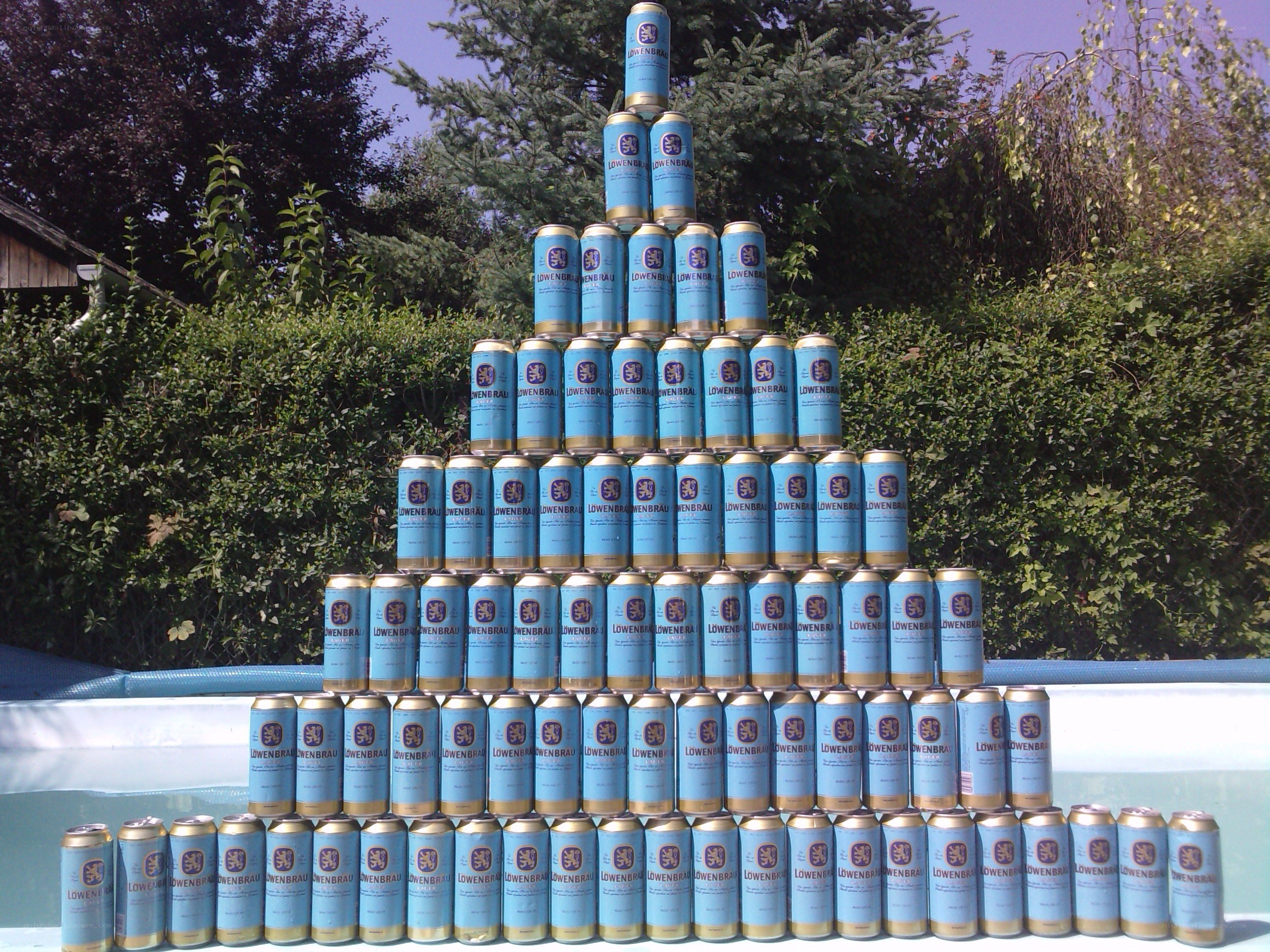 beer can pyramid in garden