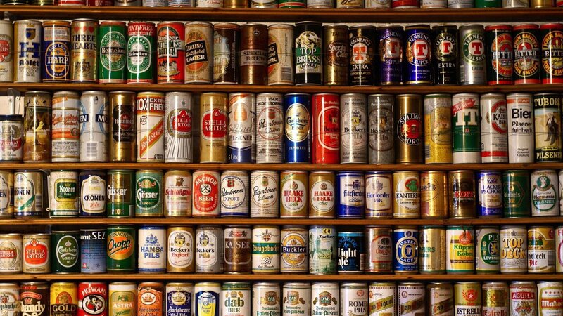 Beer Cans on Shelves — Brown, Neutral, Photograph, Labels
