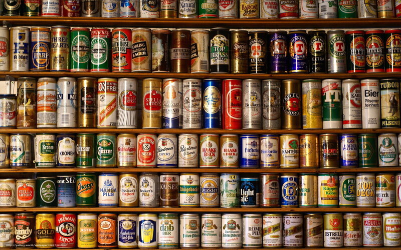 Beer Cans on Shelves — Brown, Organized, Photograph, Labels