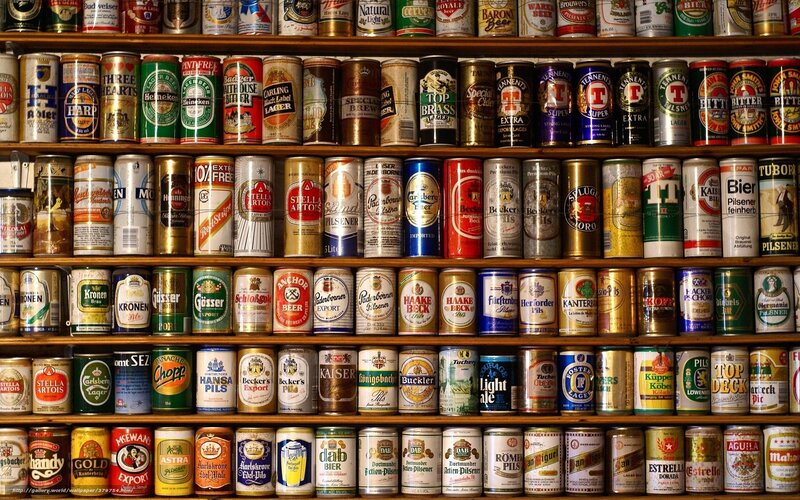 Beer Cans on Shelves — Brown, Organized, Photograph