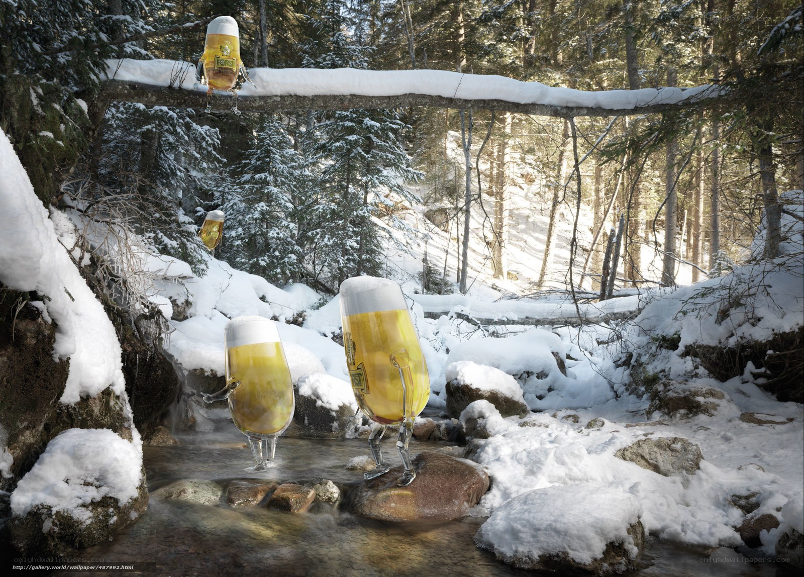 Beer glasses in snowy forest