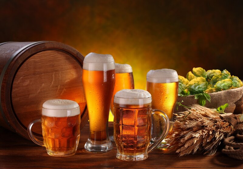 Beer glasses with hops and barley