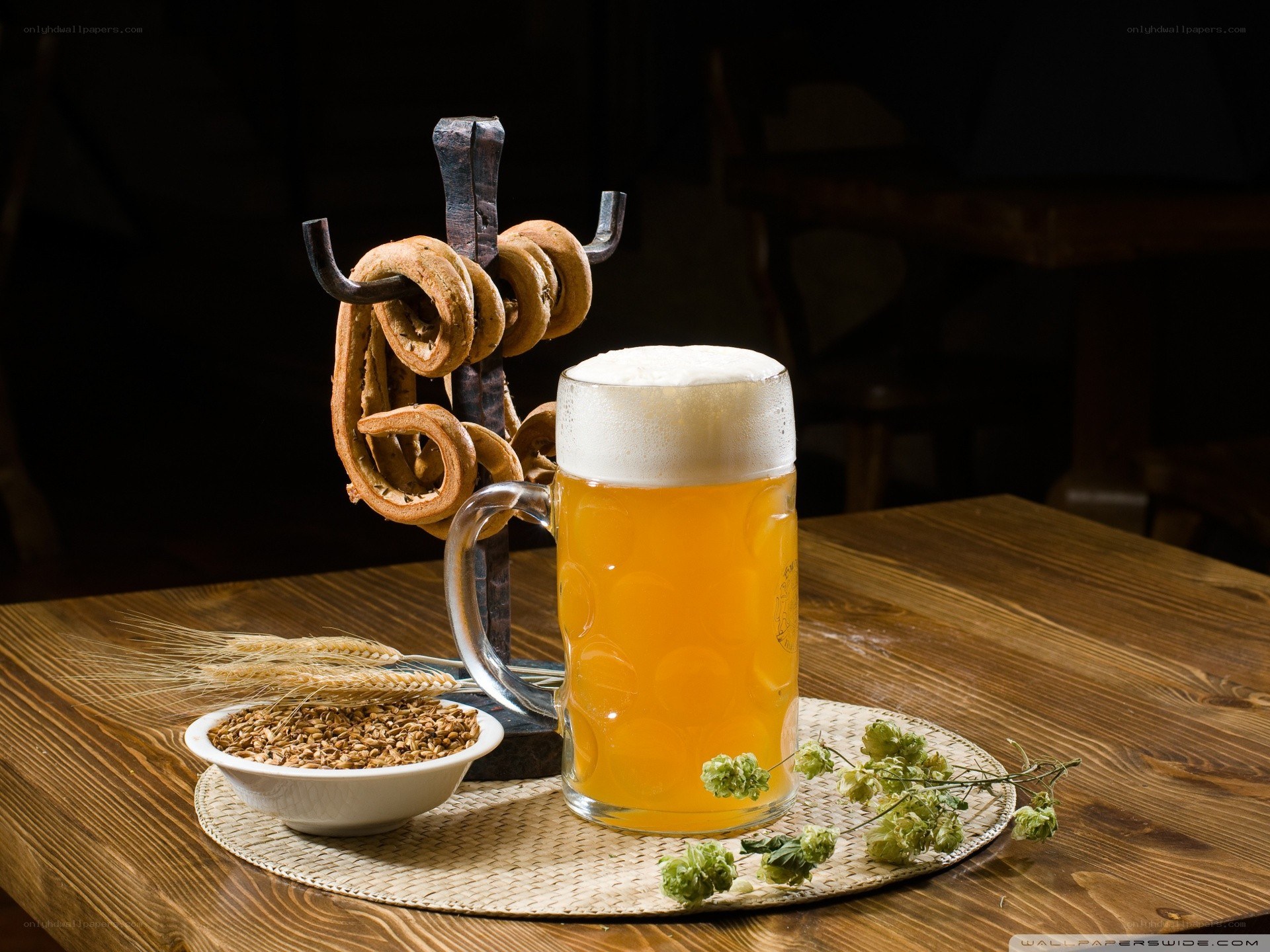 Beer with pretzels and hops