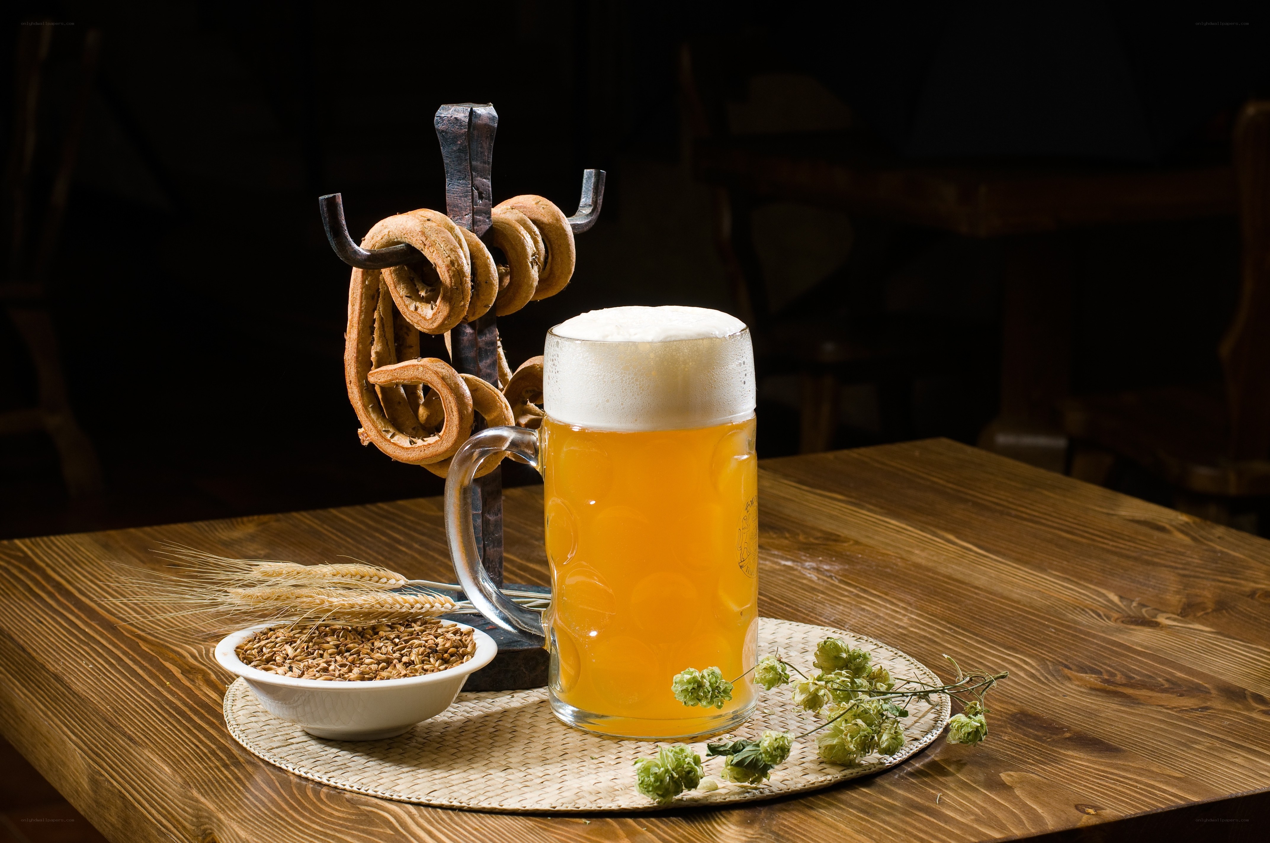 Beer with pretzels and hops
