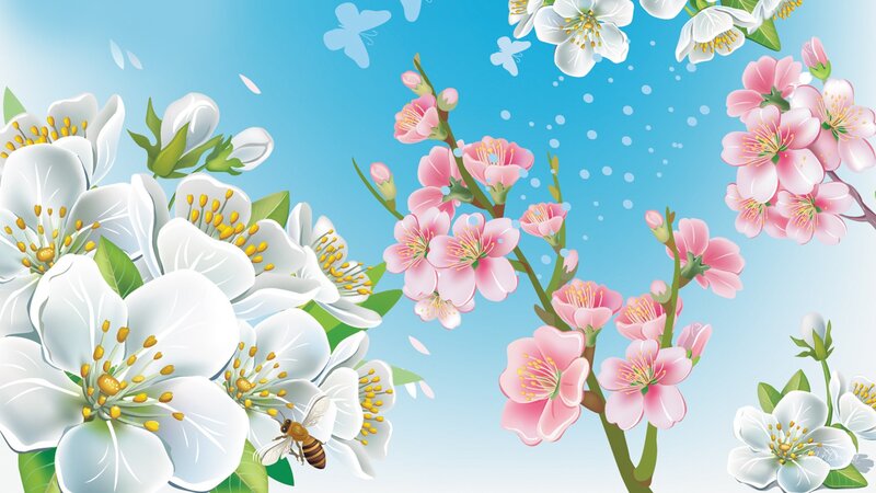 Bees on Cherry Blossoms — Blue