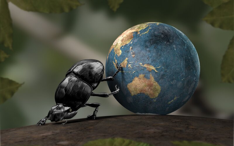 Beetle Pushing Globe — Black, Dramatic, 3d Render