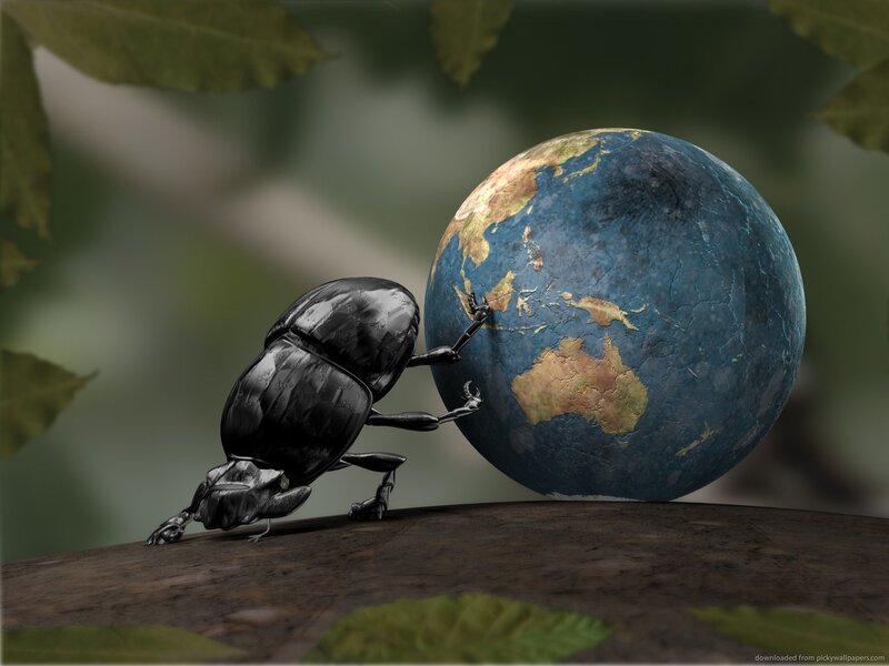 Beetle Pushing Globe — Black, Dramatic, Digital Art