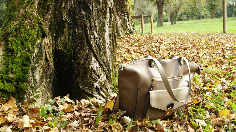 Beige Handbag on Leaves