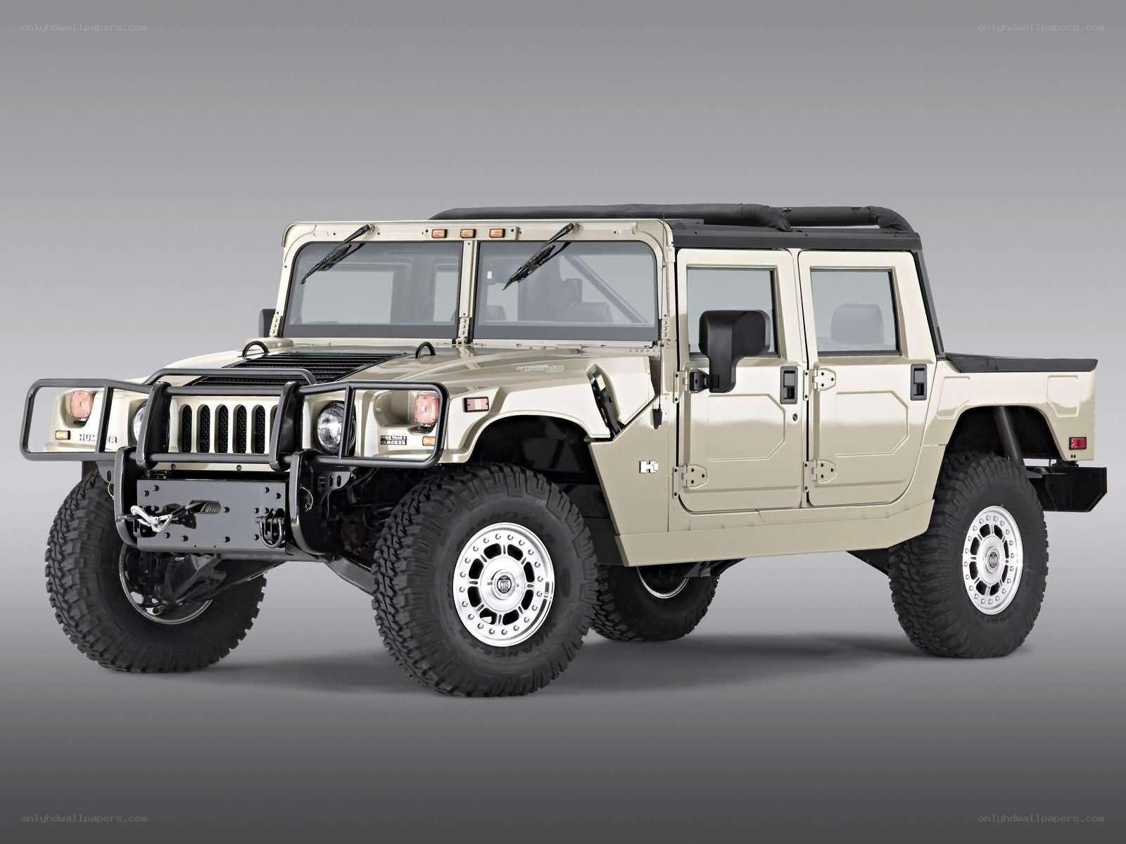 Beige Humvee pickup truck