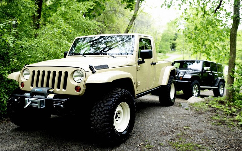 Beige Jeep Pickup Truck — Green