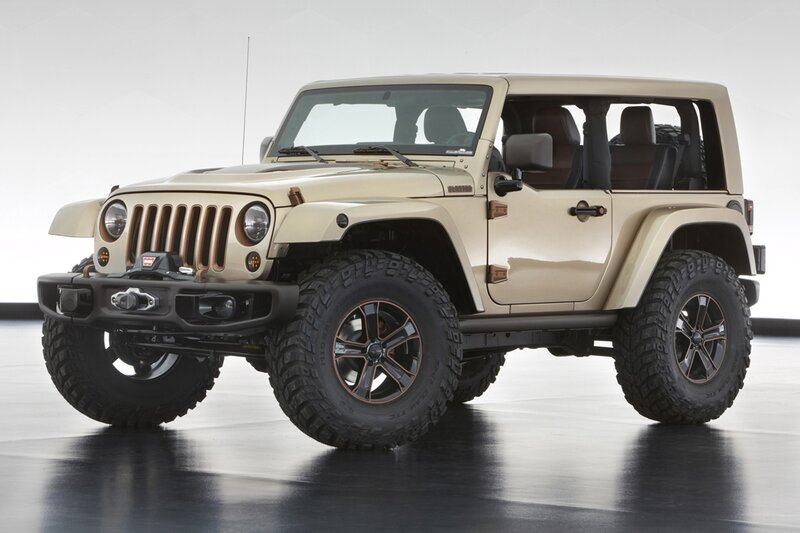 Beige Jeep Wrangler with off-road tires