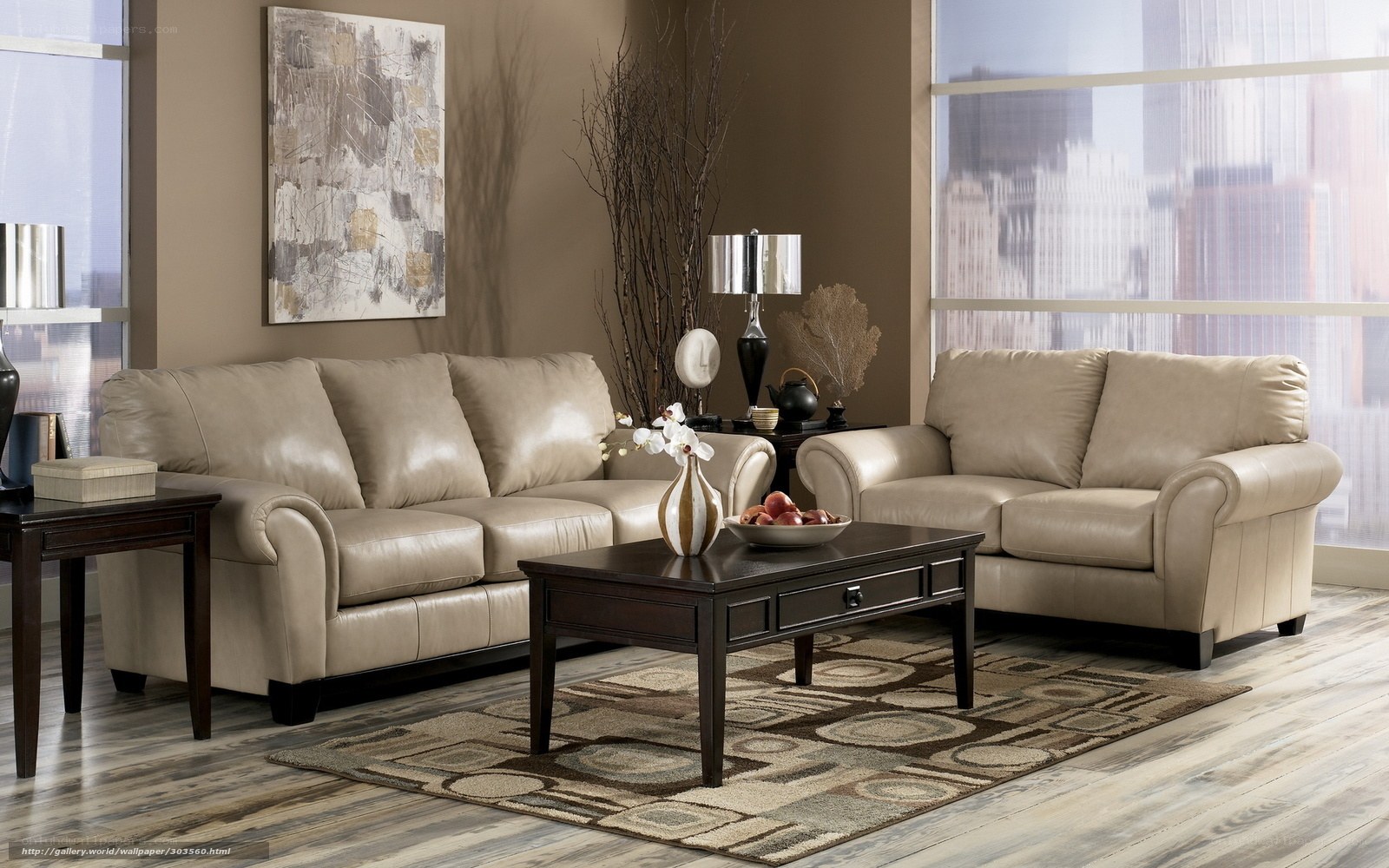 Beige leather sofa set in living room