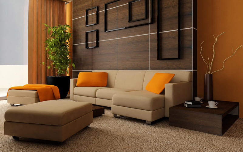Beige Sofa in Living Room — Brown