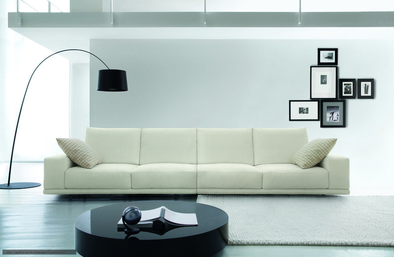 Beige Sofa in Living Room — White, Minimalist, Photograph