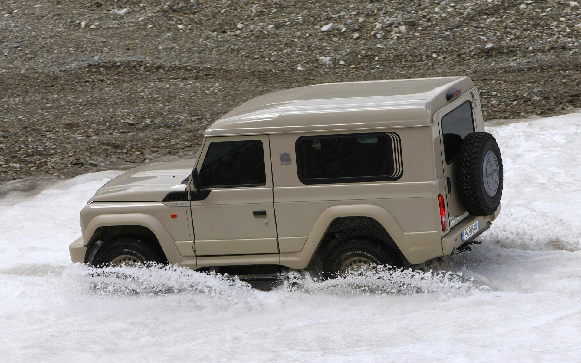 Beige SUV in snowy terrain