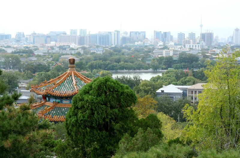 Beijing cityscape with traditional pavilion