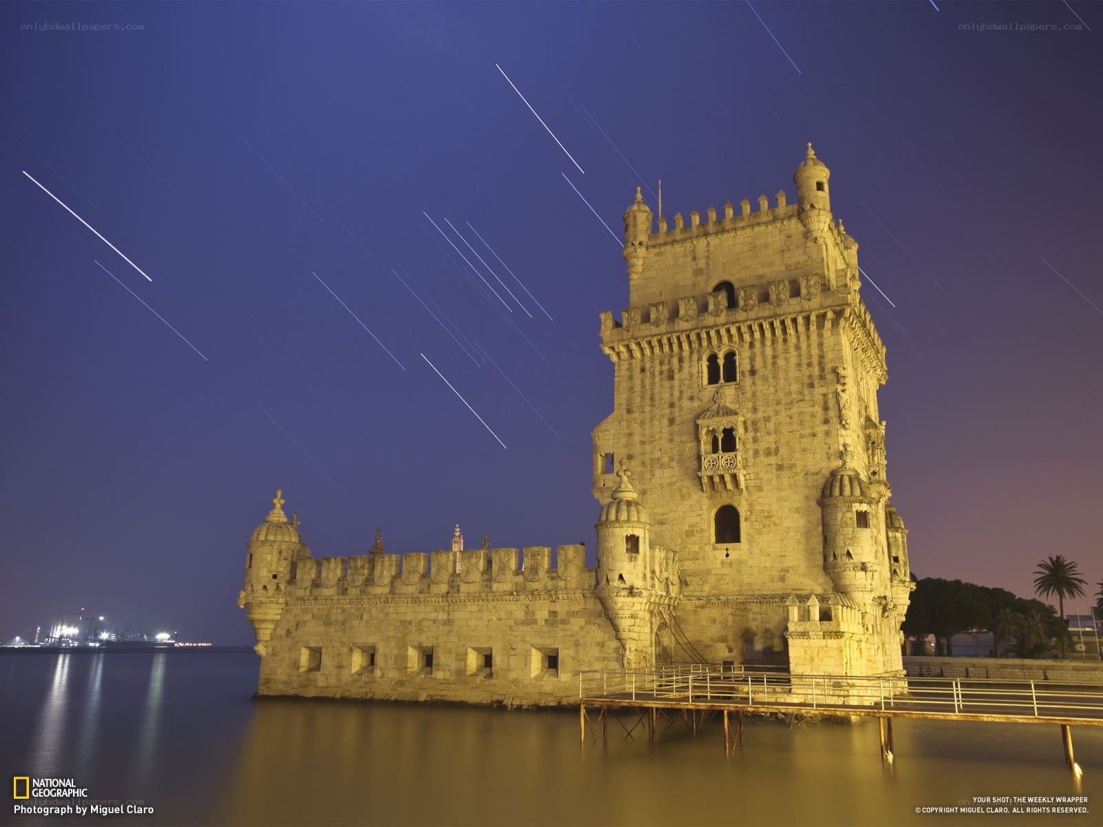 Belem Tower at night with star trails