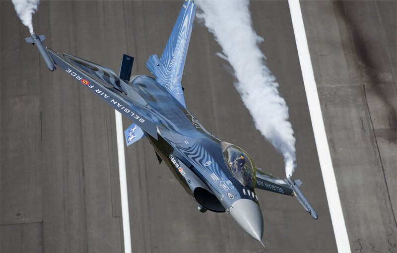 Belgian Air Force Jet — Blue, Dynamic, Afternoon, Photograph