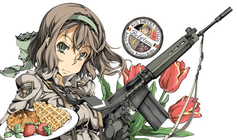 Belgian girl with rifle and waffles