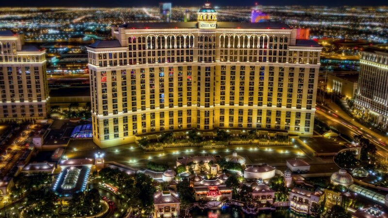 Bellagio Hotel at Night — Yellow, Dramatic, Photograph