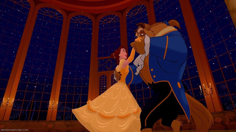 Belle and Beast Dancing — Blue, Romantic, Night, Illustration