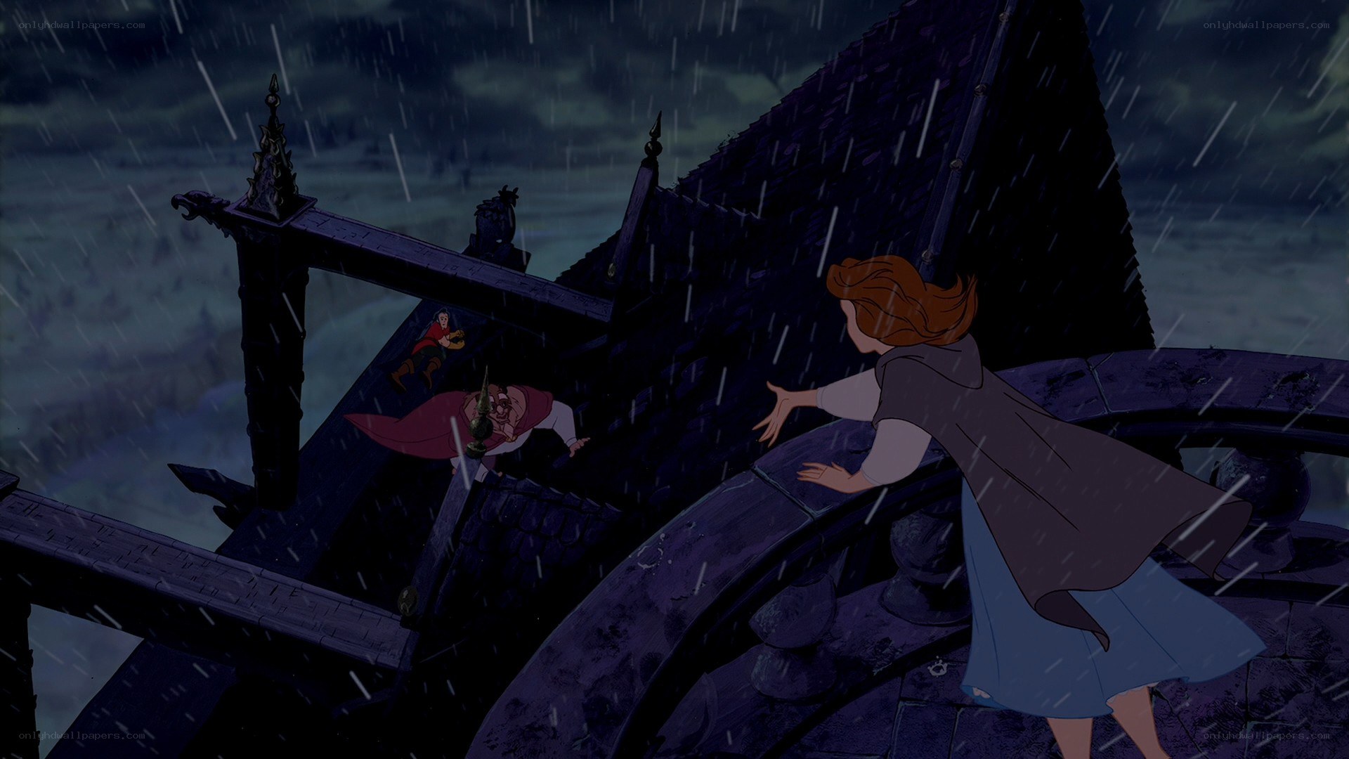 Belle on a stormy rooftop