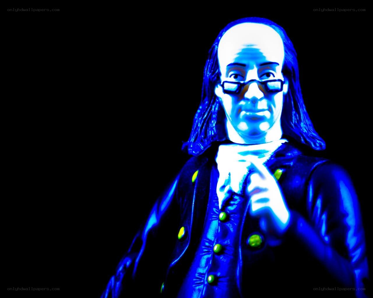 Ben Franklin figurine under blue light