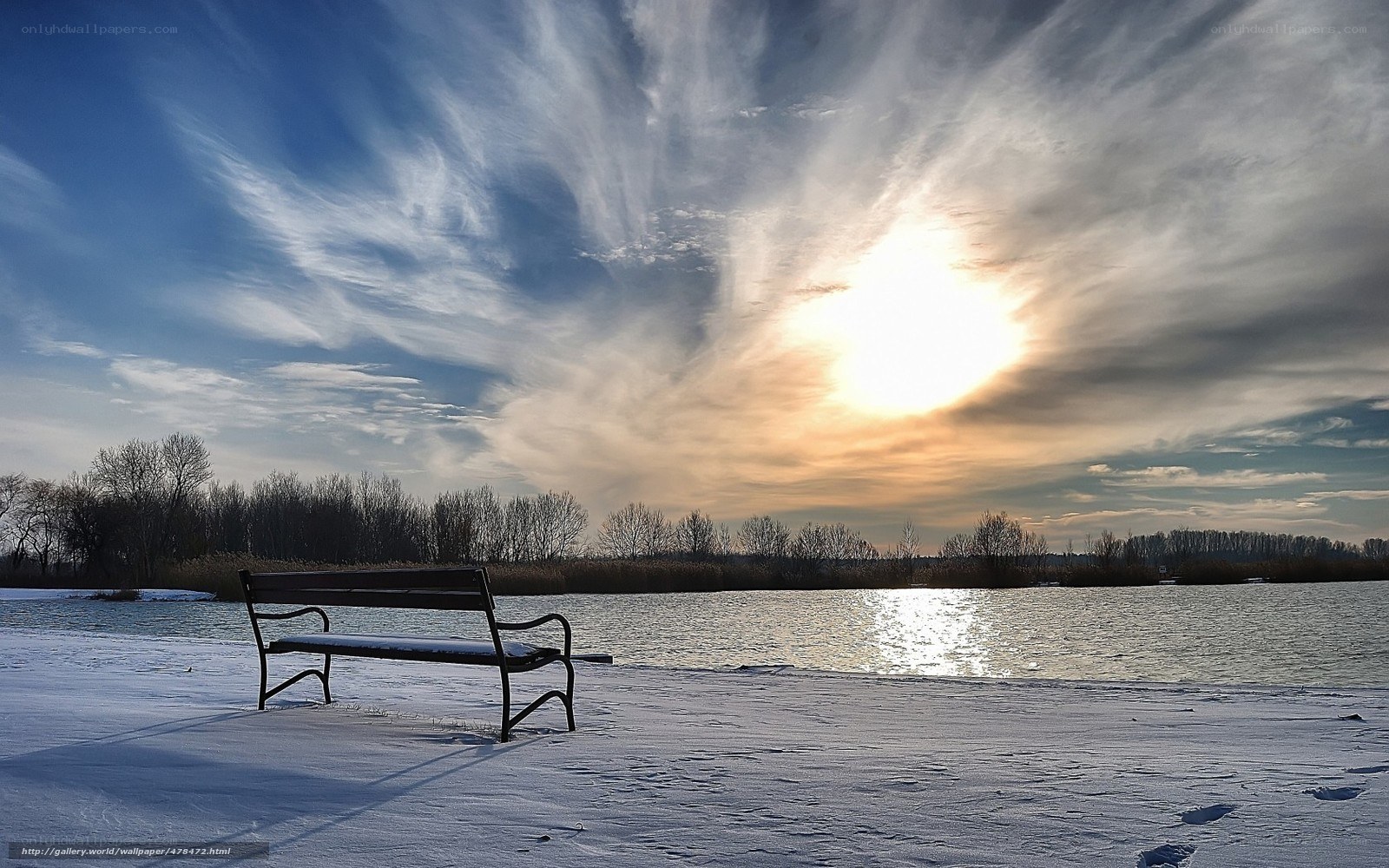Bench by a frozen lake